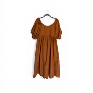 ELF Rust Brown Midi Dress with Puff Sleeves